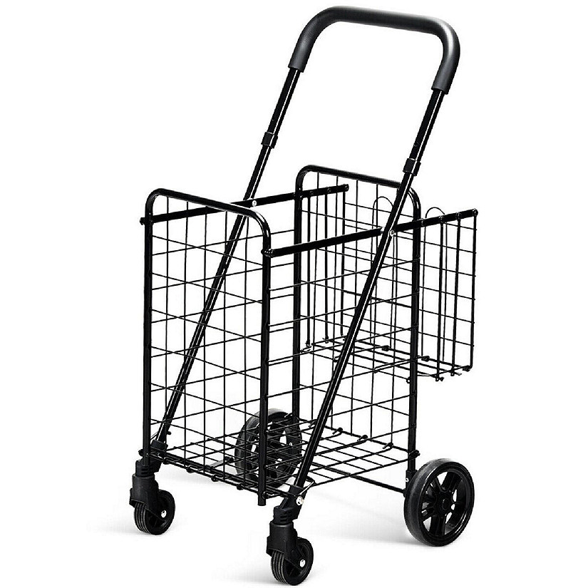 Costway Folding Shopping Cart Jumbo Basket Rolling Utility Trolley Adjustable Handle Image