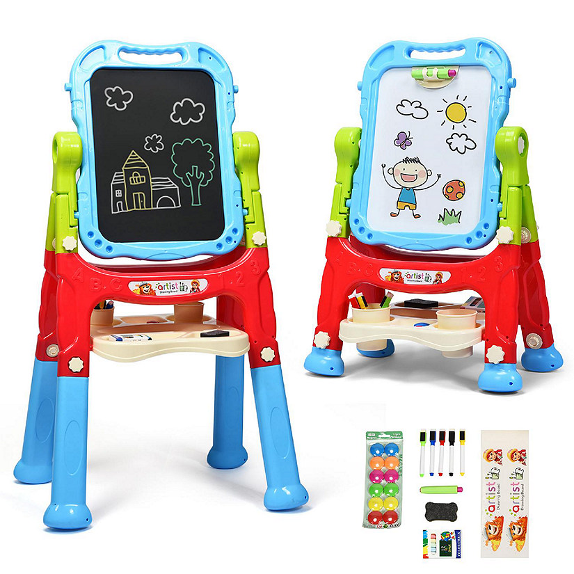 Costway Height Adjustable Kids Art Easel Magnetic Double Sided Board w/ Accessories Blue Image