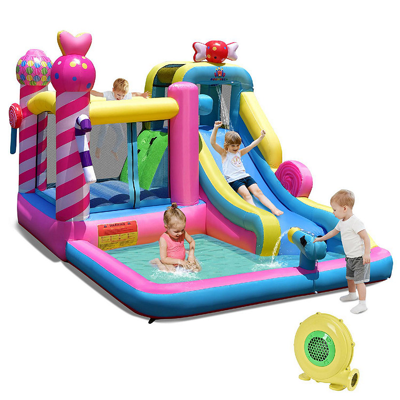 Costway Inflatable Bounce House Sweet Candy Bouncy Castle W/ Water Slide& 480W Blower Image