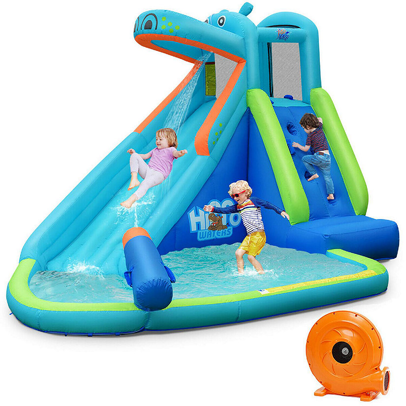 Costway Inflatable Kids Hippo Bounce House Slide Climbing Wall Splash Pool w/740W Blower Image