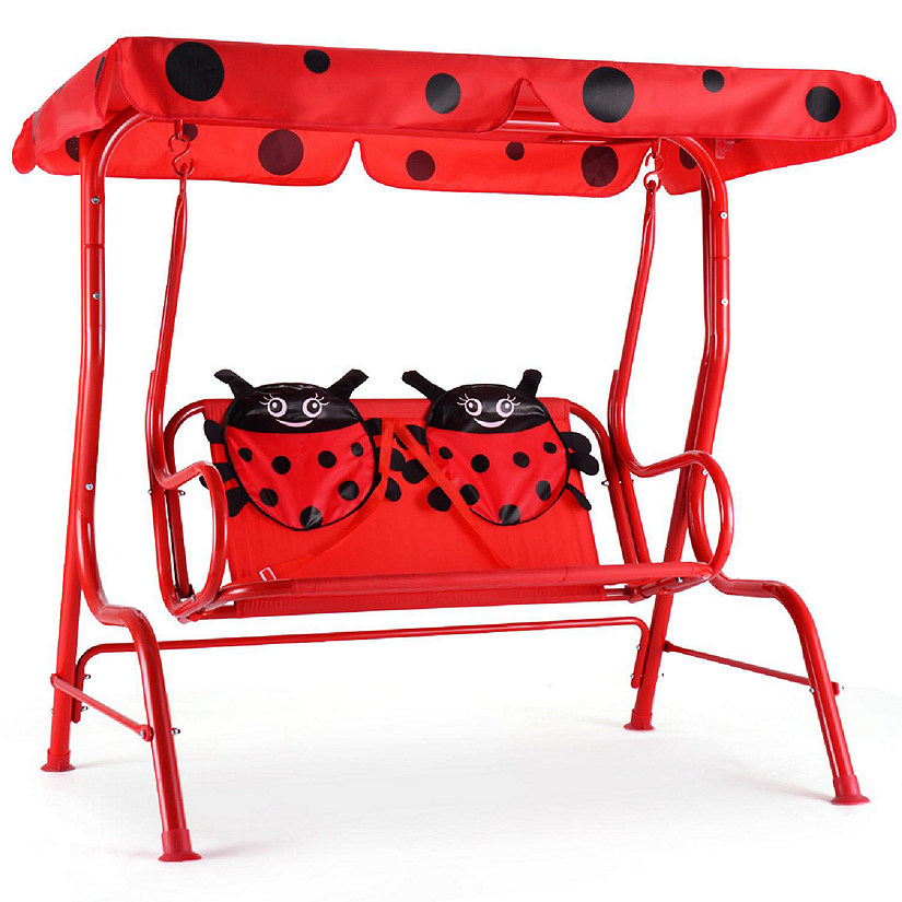 Costway Kids Patio Swing Chair Children Porch Bench Canopy 2 Person Yard Furniture red Image