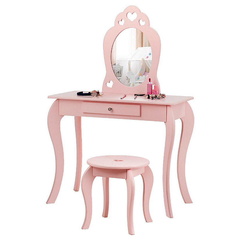 Costway Kids Vanity Set Princess Makeup Dressing Play Table Set W/Mirror  Pink Image