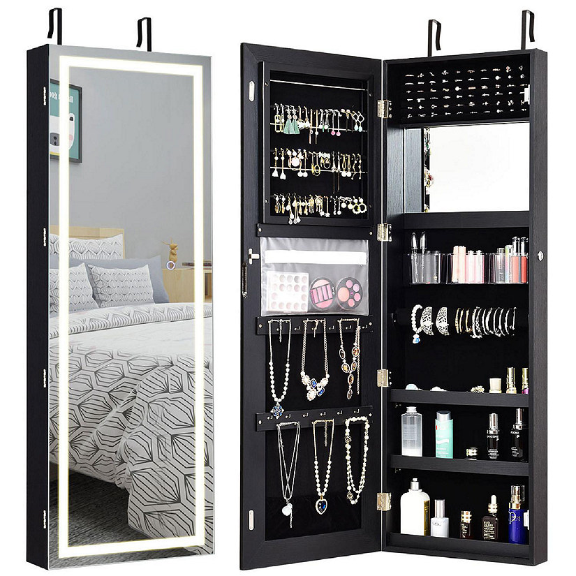 Costway LED Mirror Jewelry Cabinet Wall/Door Mounted  47" Armoire 3 Color Light Black Image