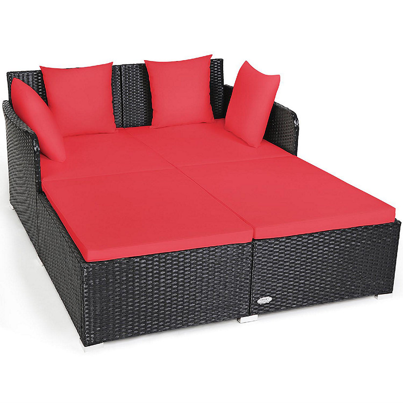 Costway Outdoor Patio Rattan Daybed Thick Pillows Cushioned Sofa Furniture Red Image
