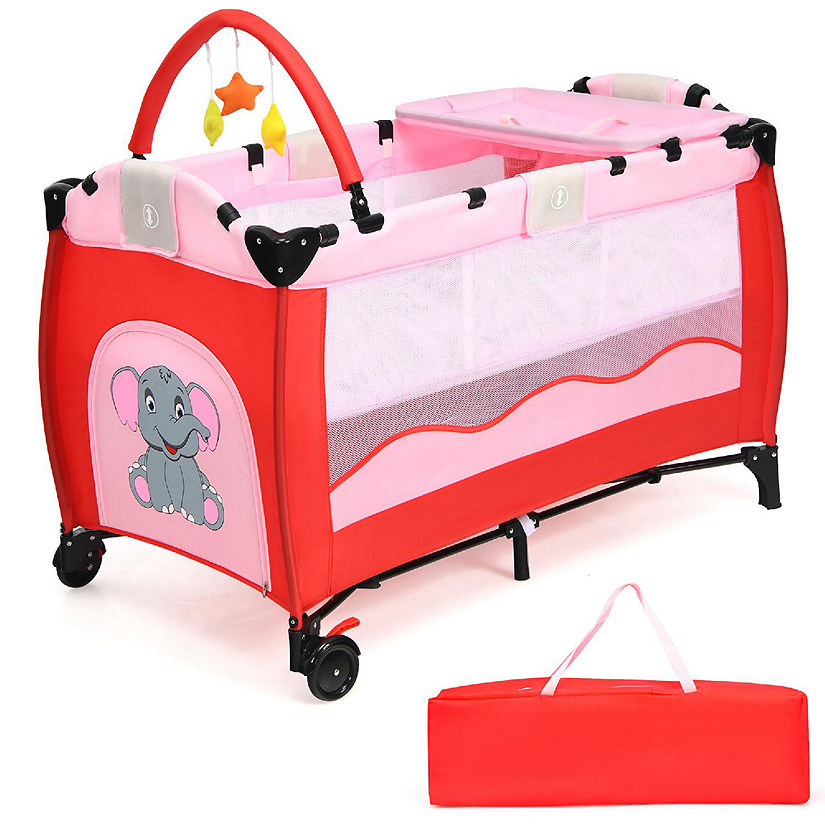 Costway Pink Baby Playpen Playard Pack Travel Infant Bassinet Bed Foldable Image