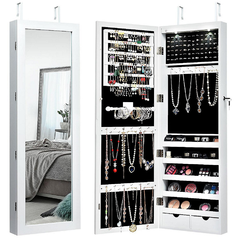 Costway Wall Mount Mirrored Jewelry Cabinet Organizer w/LED Lights Image