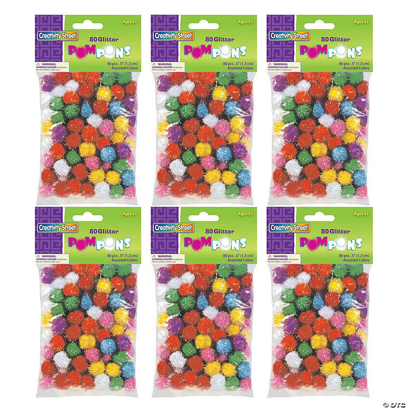 Creativity Street Glitter Pom Pons, Assorted Colors, 1/2", 80 Per Pack, 6 Packs Image