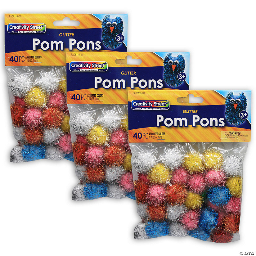 Creativity Street Glitter Pom Pons, Assorted Colors, 1", 40 Pieces Per Pack, 3 Pack Image