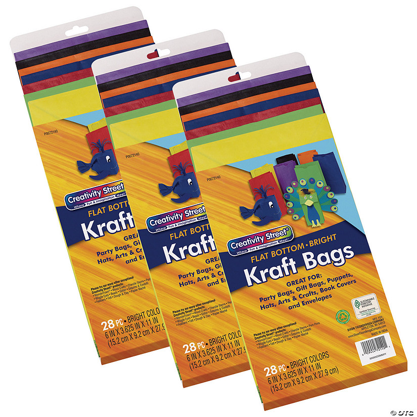 Creativity Street Kraft Bag, Assorted Bright Colors, 6" x 3-5/8" x 11", 28 Per Pack, 3 Packs Image