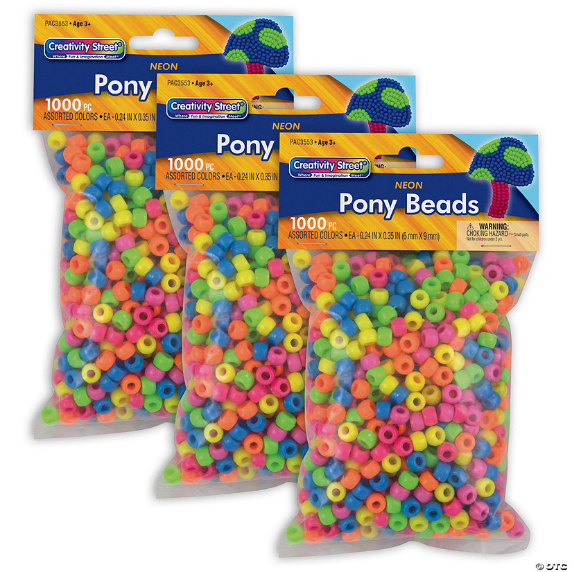 Creativity Street Pony Beads, Assorted Neon, 6 mm x 9 mm, 1000 Per Pack, 3 Packs Image