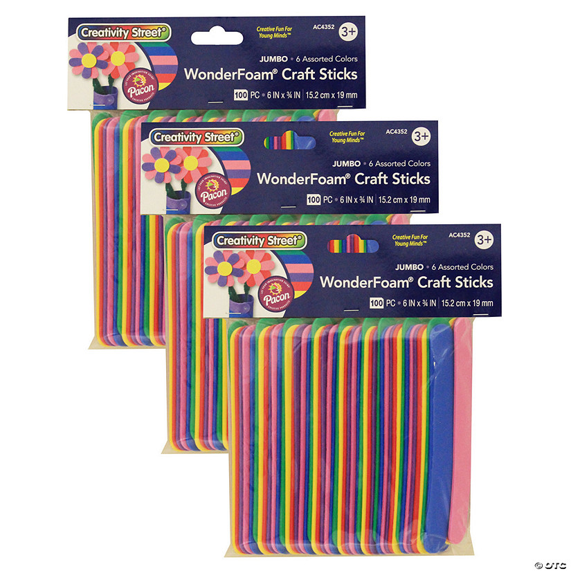 Creativity Street WonderFoam Jumbo Craft Sticks, Assorted Colors, 6" Proper 3/4", 100 Per Pack, 3 Packs Image