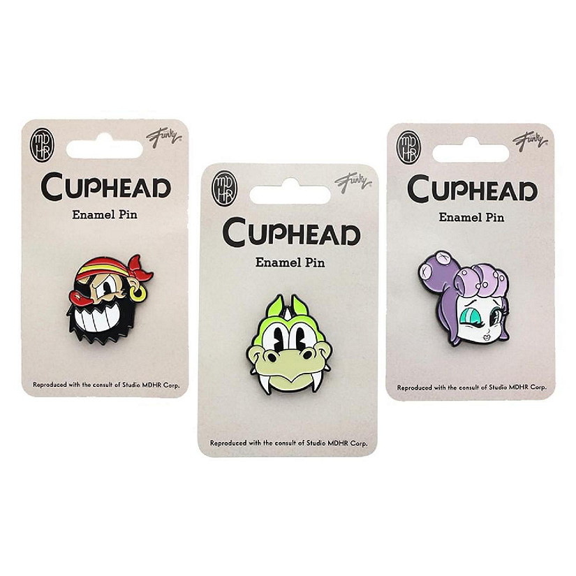 Cuphead Enamel Collector Pin Set of 3 with Mermaid, Pirate and Dragon Boss Image