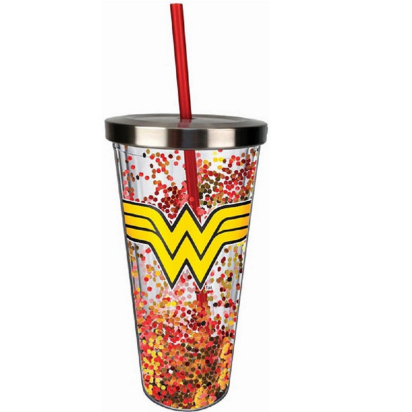 DC Comics Wonder Woman's Logo Glitter Cup With Straw Image