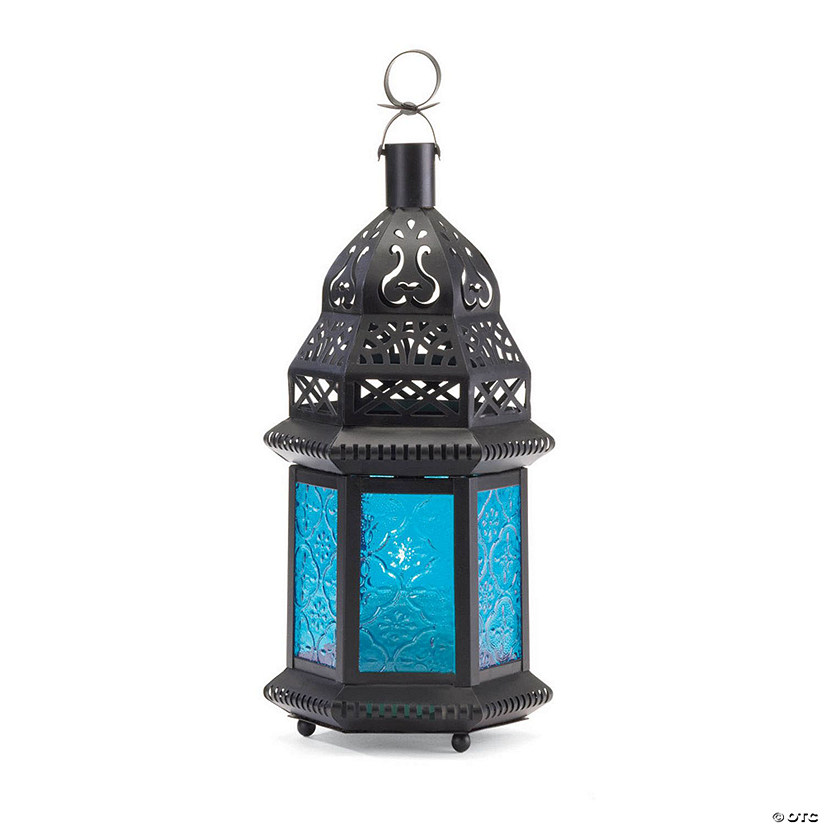 Decorative Etched Blue Glass Moroccan Style Hanging Candle Lantern 10.25" Tall Image