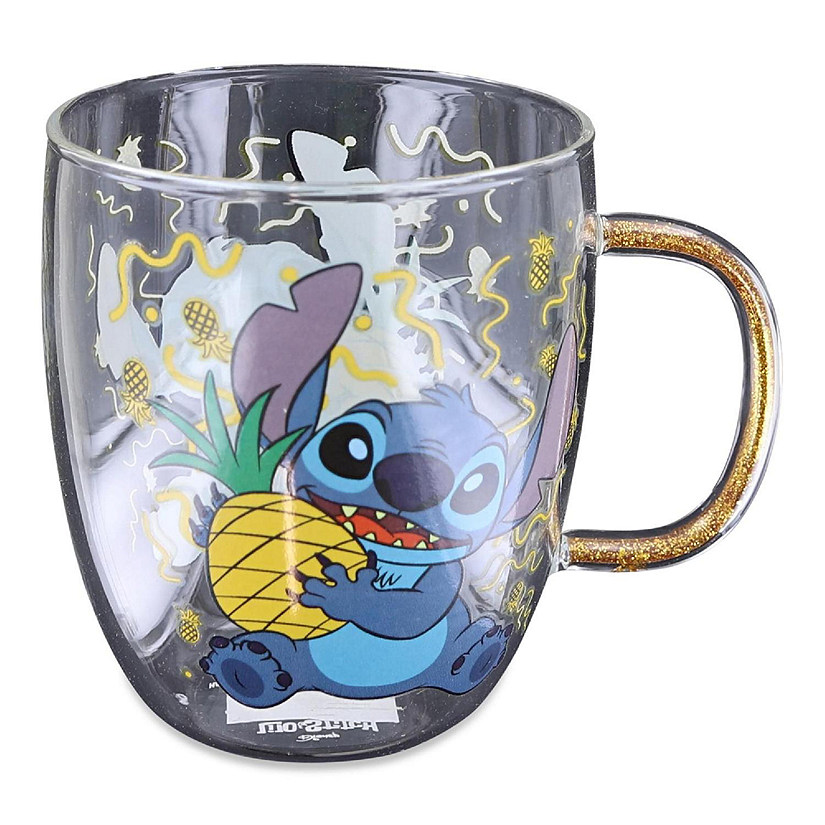 Disney Lilo & Stitch Pineapples Glitter Handle Glass Mug  14 Ounces Image