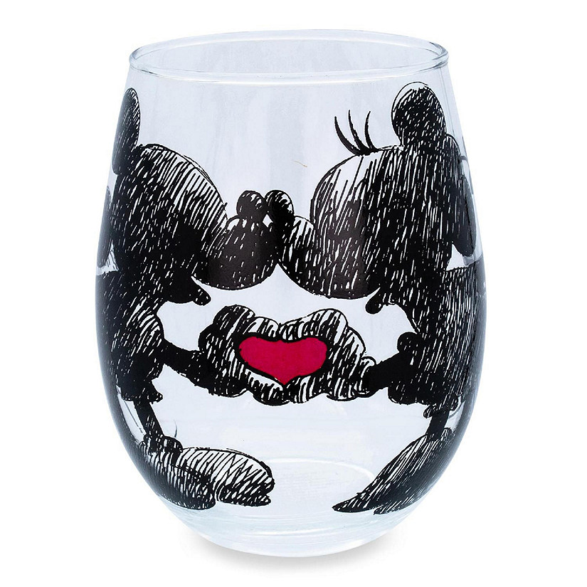 Disney Mickey and Minnie Mouse Teardrop Stemless Wine Glass  Holds 20 Ounces Image