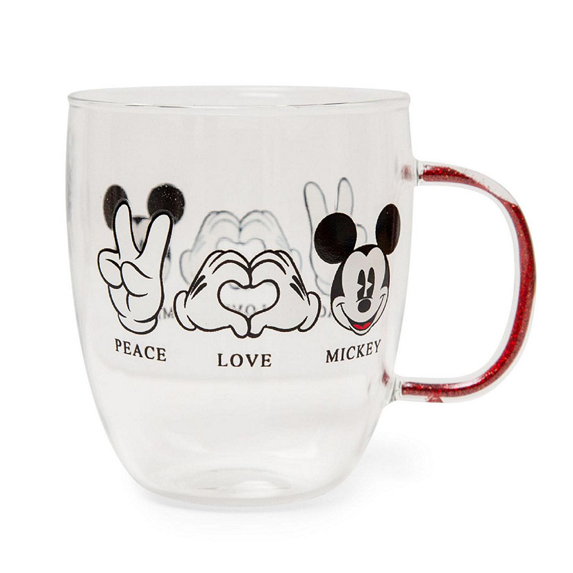 Disney "Peace Love" Mickey Mouse Glitter Handle Glass Mug  Holds 14 Ounces Image