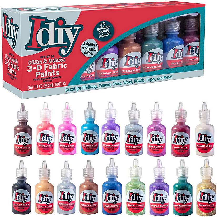 DIY Fabric Paints, Set of 16 Colors, (1oz bottles) 8 GLITTER & 8 METALLIC Colors - Ultra Bright 3D Fabric Paint, Non-Toxic Water-Based and Permanent - Great Cra Image