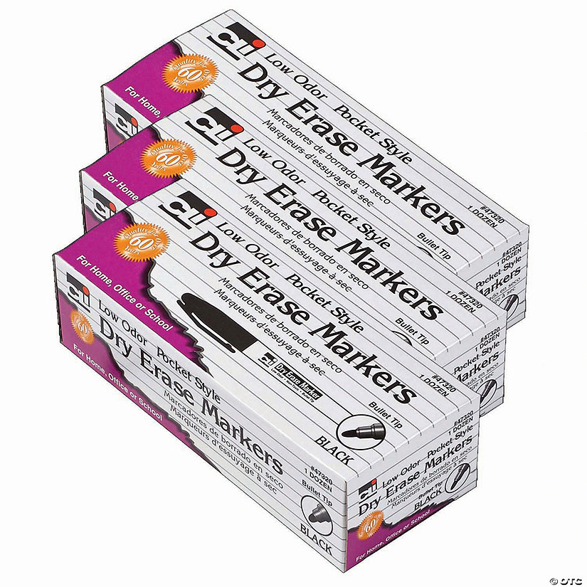 Dry Erase Markers, Pocket Style, Bullet Tip, Black, 12 Per Pack, 3 Packs Image