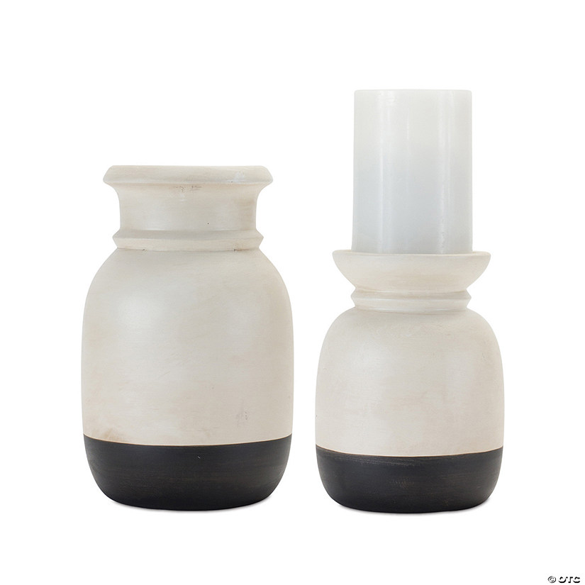 Dual-Tone Ivory Ceramic Candle Holder (Set Of 2) 6.25"H, 8.25"H Image