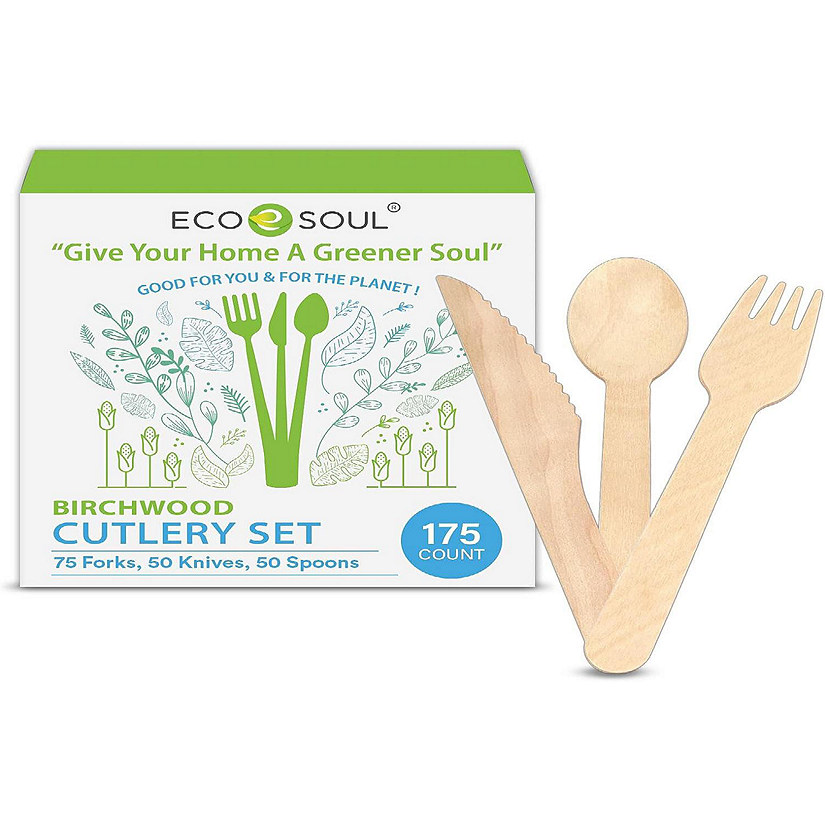 ECO SOUL 100 Percent Compostable Eco-Friendly Biodegradable Cutlery Utensil Sets - 175 Count, Birchwood Forks, Knives, Spoons Image