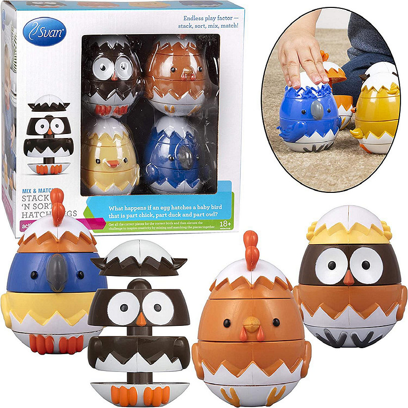 Egg Stacking & Sorting Toys, Mix & Match Educational Hatching Animal Eggs 4 pk - Owl, Duck Chicken Bluejay - Fun for Toddlers and Kids Image