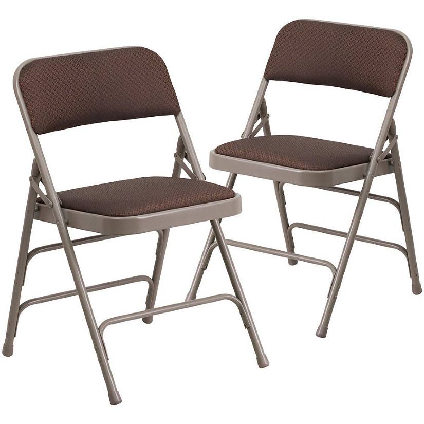 Emma + Oliver 2 Pack Curved Triple Braced Brown Patterned Fabric Metal Folding Chair Image
