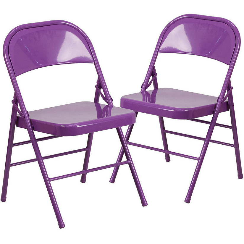Emma + Oliver 2 Pack Impulsive Purple Triple Braced & Double Hinged Metal Folding Chair Image