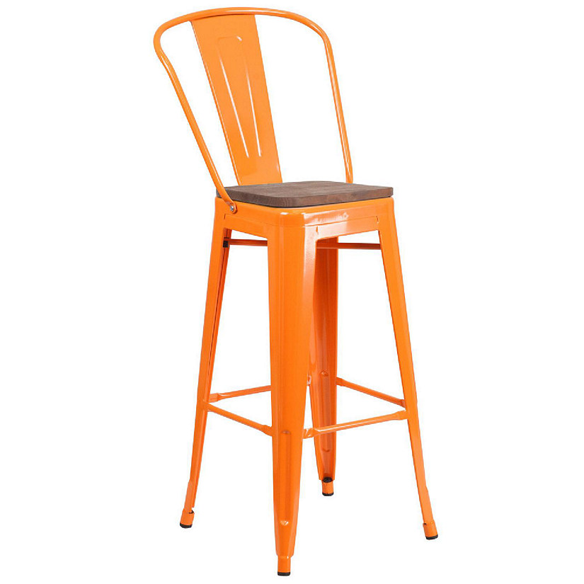 Emma + Oliver 30"H Orange Metal Barstool with Back and Wood Seat Image