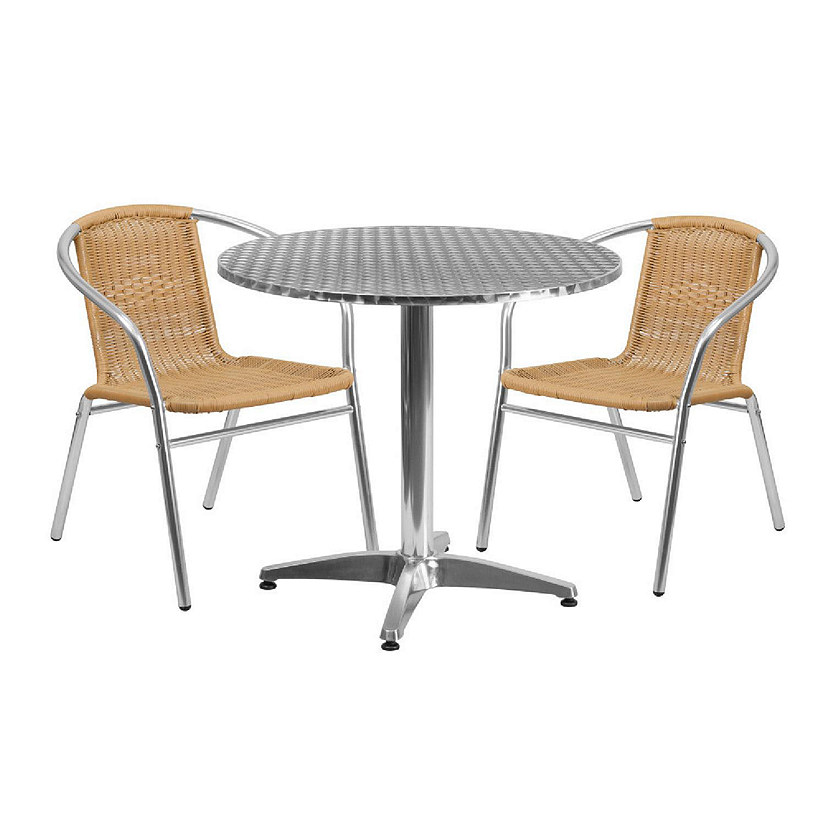 Emma + Oliver 31.5" Round Aluminum Table Set-2 Beige Rattan Chairs Image