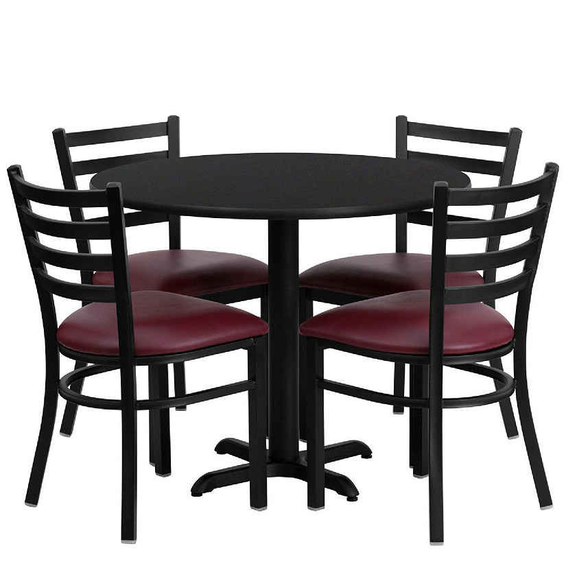 Emma + Oliver 36RD Black Table Set-X-Base & 4 Ladder Back Chairs,Burgundy Seat Image
