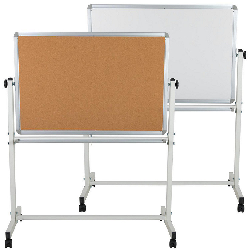 Emma + Oliver 45.25"W x 54.75"H Reversible Mobile Cork Bulletin Board and White Board with Pen Tray Image