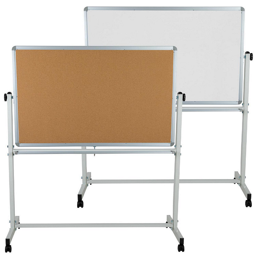Emma + Oliver 53"W x 59"H Reversible Mobile Cork Bulletin Board and White Board with Pen Tray Image