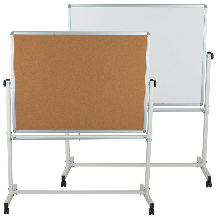 Emma + Oliver 53"W x 62.5"H Reversible Mobile Cork Bulletin Board and White Board with Pen Tray Image