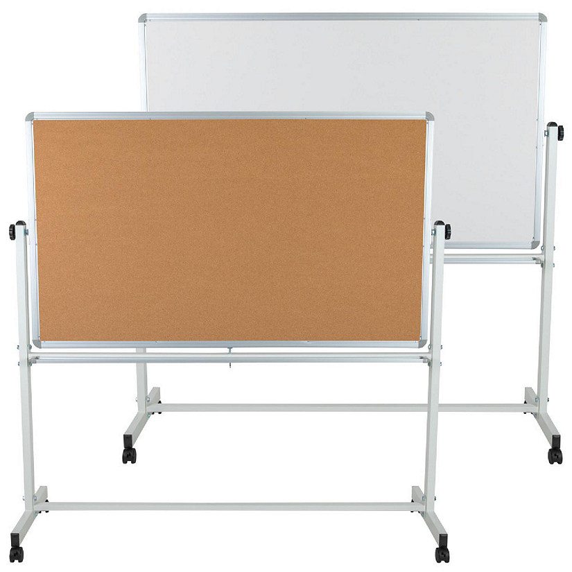Emma + Oliver 62.5"W x 62.25"H Reversible Mobile Cork Bulletin Board and White Board with Pen Tray Image