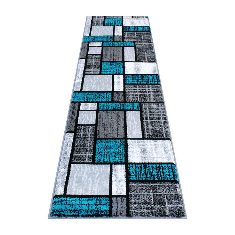 Emma + Oliver Accent Rug - Modern Geometric Mosaic Design in Turquoise, Gray, Black & White - 2x7 - Plush Texture - Moisture & Stain Resistant - Jute Backing Image