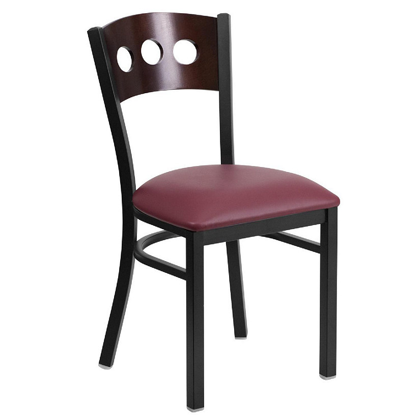 Emma + Oliver Black 3 Circle Back Metal Dining Chair/Walnut Back, Burgundy Seat Image
