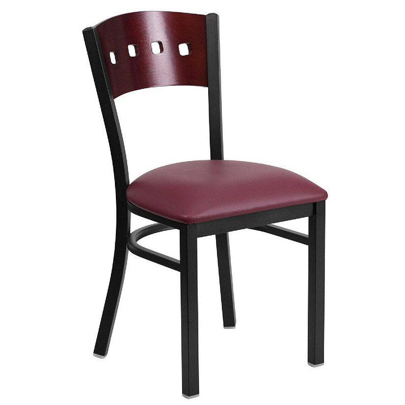 Emma + Oliver Black 4Square Back Metal Dining Chair/Mahogany Back, Burgundy Seat Image