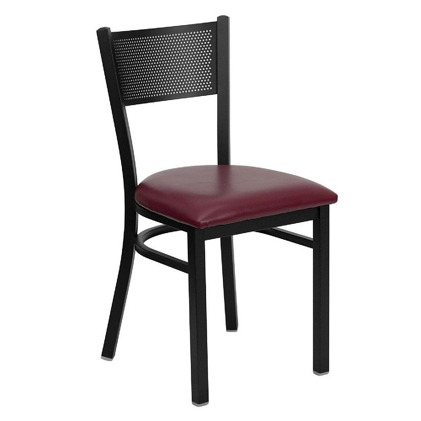 Emma + Oliver Black Grid Back Metal Restaurant Chair - Burgundy Vinyl Seat Image