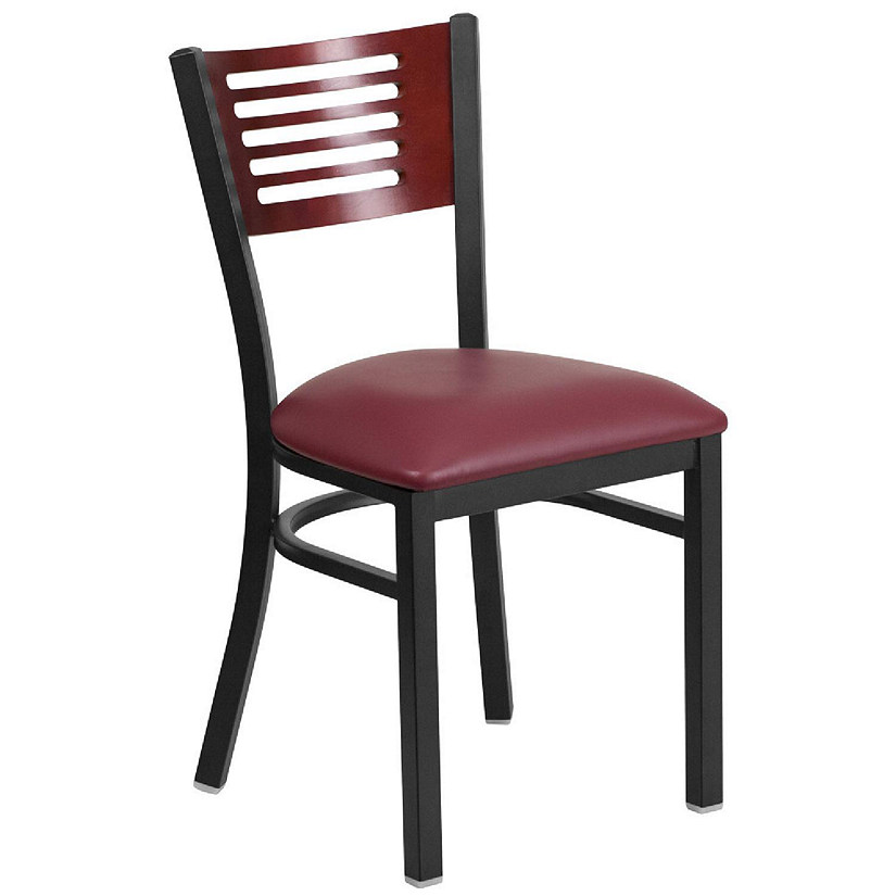 Emma + Oliver Black Slat Back Metal Dining Chair/Mahogany Back, Burgundy Seat Image