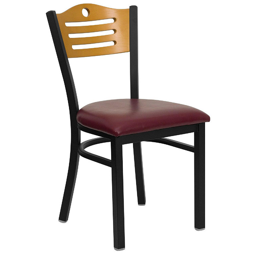 Emma + Oliver Black Slat Back Metal Dining Chair/Natural Back, Burgundy Seat Image