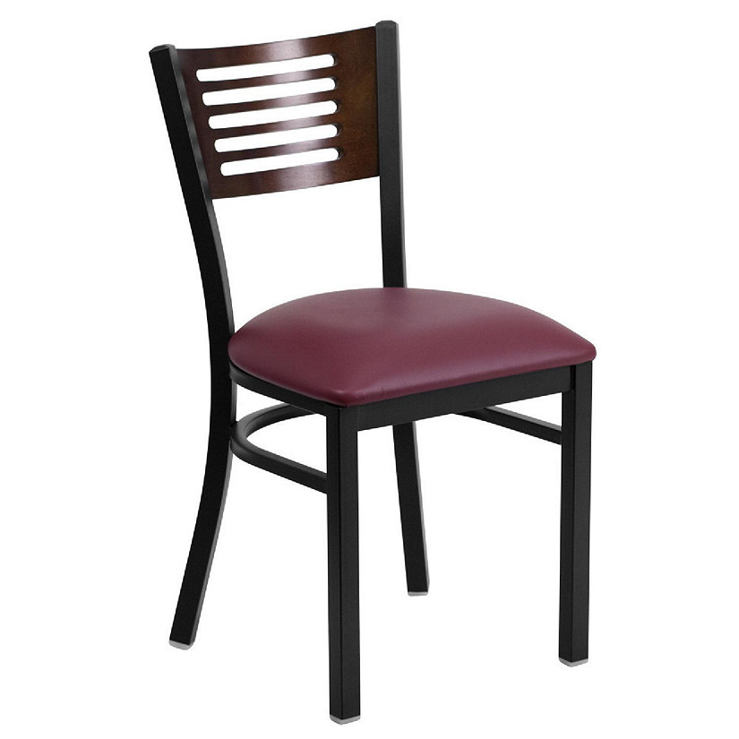 Emma + Oliver Black Slat Back Metal Dining Chair/Walnut Back, Burgundy Seat Image