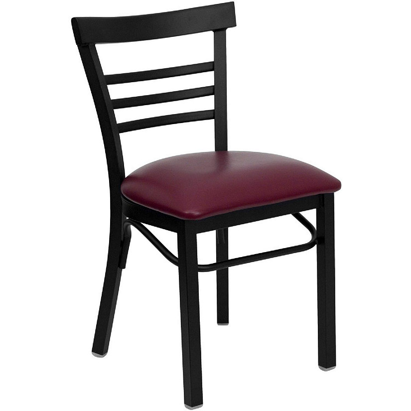 Emma + Oliver Black Three-Slat Ladder Back Metal Dining Chair/Burgundy Seat Image