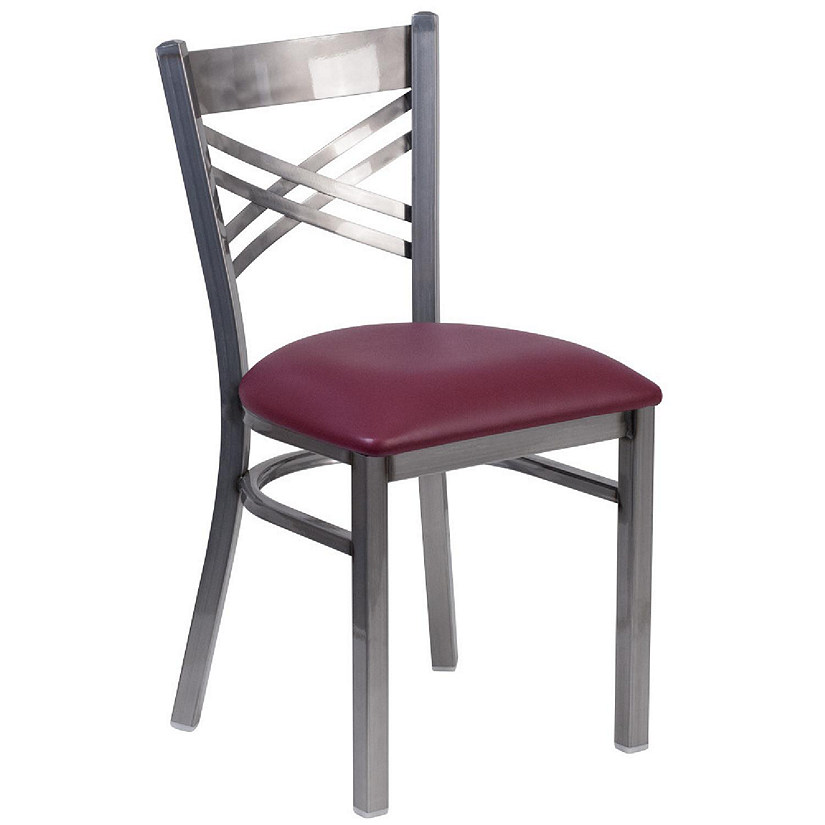 Emma + Oliver Clear Coated "X" Back Metal Restaurant Chair - Burgundy Vinyl Seat Image