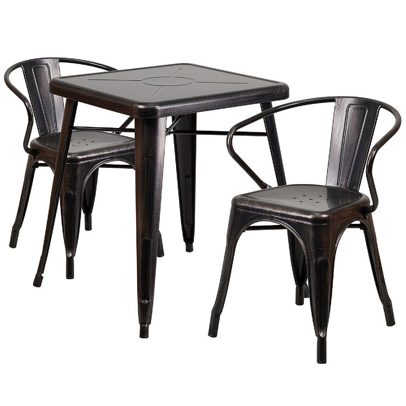Emma + Oliver Commercial 23.75"SQ Black-Antique Metal Indoor-Outdoor Table Set-2 Arm Chairs Image