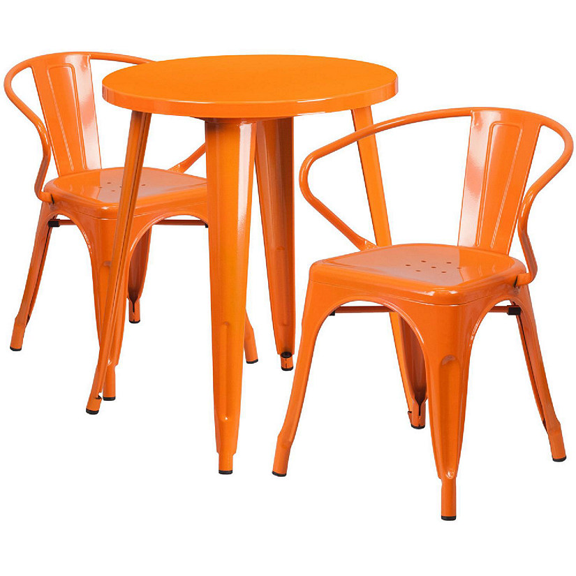 Emma + Oliver Commercial 24" Round Orange Metal Indoor-Outdoor Table Set with 2 Arm Chairs Image