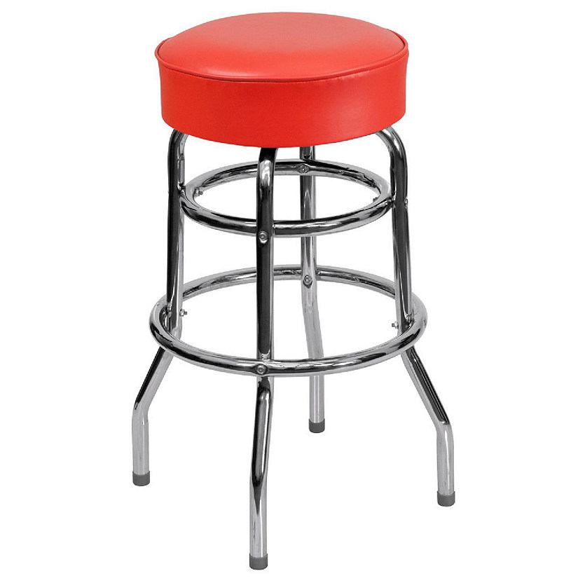 Emma + Oliver Double Ring Chrome Barstool with Red Seat Image