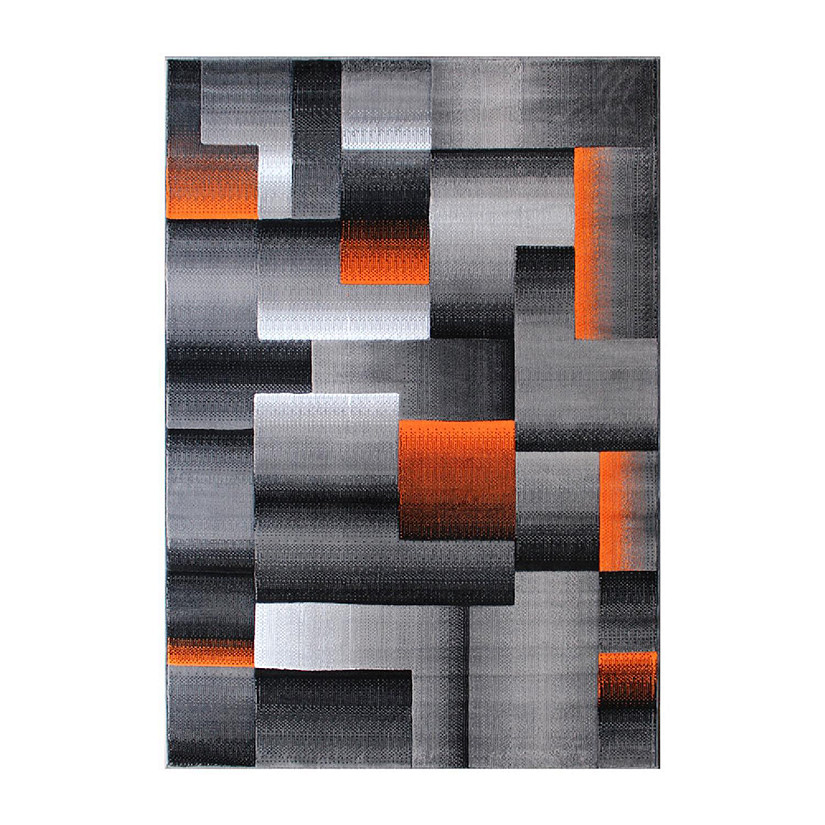Emma + Oliver Malaga Olefin Accent Rug - Modern Cubist Pattern - Black and Gray Shades with Vibrant Orange Accents - 5x7 - Moisture & Stain Resistant Image