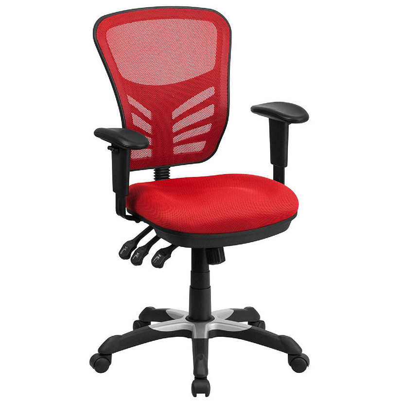 Emma + Oliver Mid-Back Red Mesh Multifunction Executive Swivel Ergonomic Office Chair with Adjustable Arms Image