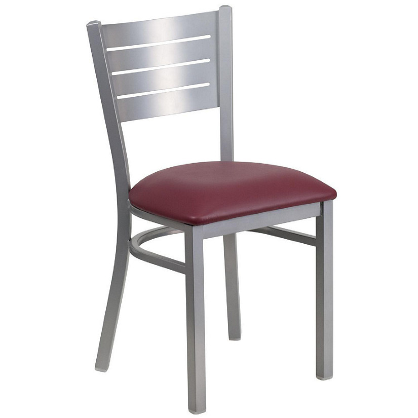 Emma + Oliver Silver Slat Back Metal Restaurant Chair - Burgundy Vinyl Seat Image